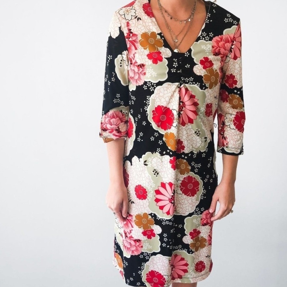 La Belle Women Floral V-Neck 3/4 Sleeve Sheath Dress Black Pink‎ KD7342-264R L